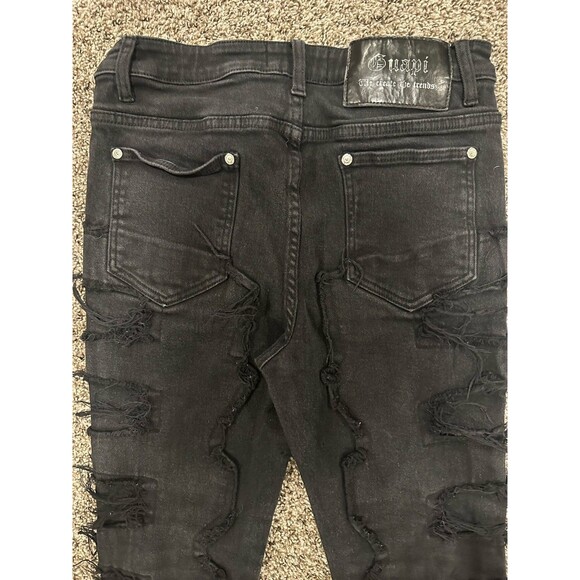 Guapi Mens Black Obsidian Blood Diamond Stacked Denim Fringe Pants Size 32x34 - Picture 9 of 11